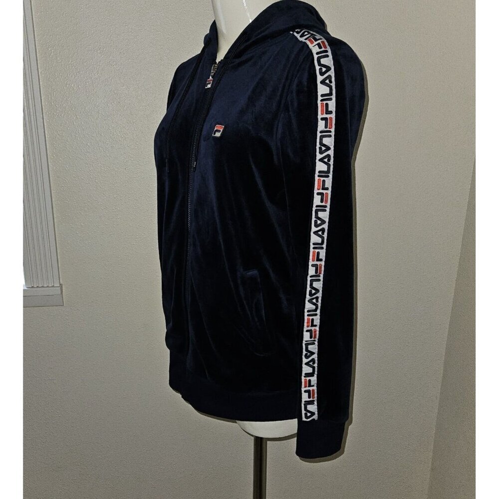 Fila Navy Blue Velour Full Zip Logo Tape Sleeve Stripe Track Jacket Women Medium - Picture 3 of 11